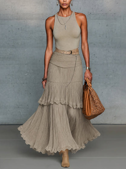 Alba - Vestido Maxi Beige Avena de Gasa sin Mangas