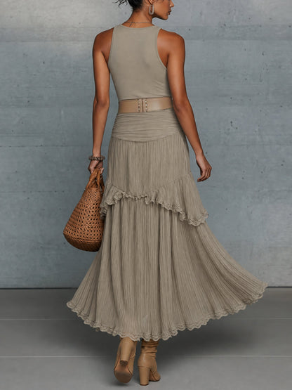 Alba - Vestido Maxi Beige Avena de Gasa sin Mangas