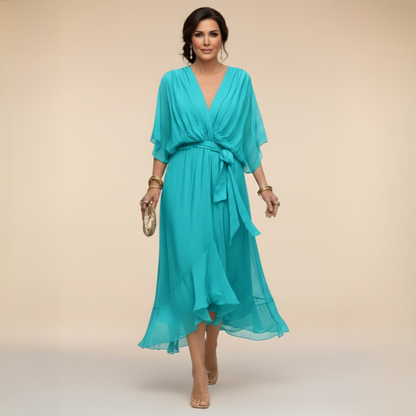Olivia | Vestido Largo Fluido Con Cinturón y Mangas Vaporosas
