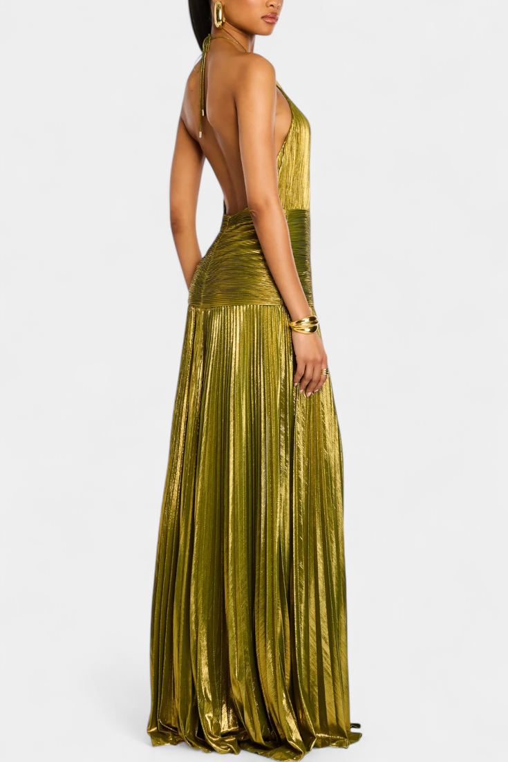 Dalia | Vestido Largo Satinado Con Escote Halter y Abertura Alta