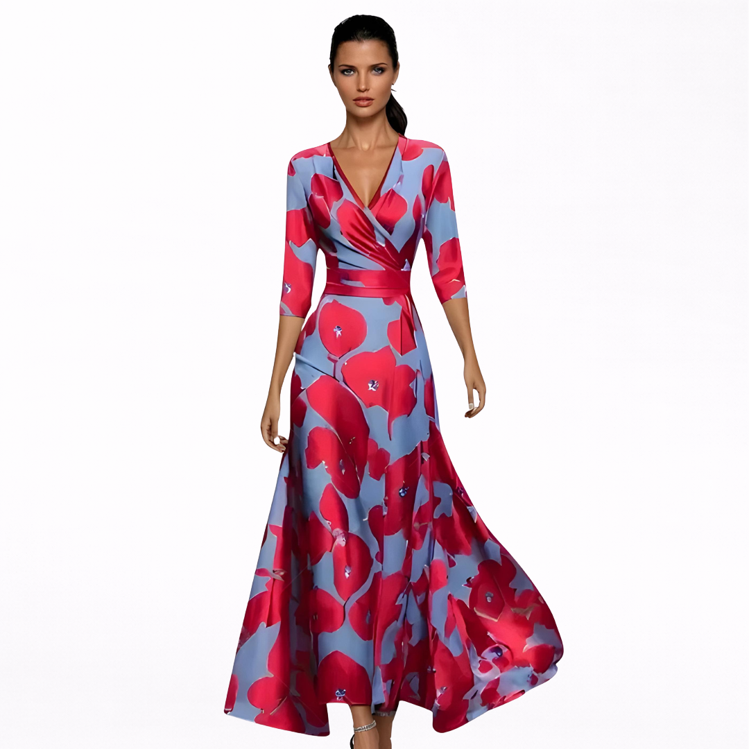 Bianca | Vestido Largo Cruzado Con Estampado Floral Azul