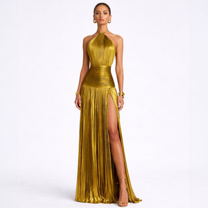 Dalia | Vestido Largo Satinado Con Escote Halter y Abertura Alta